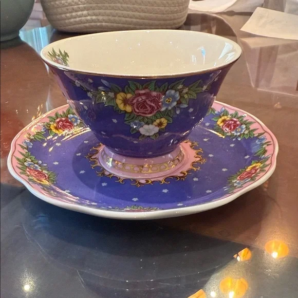 Purple and Gold Cat Teacup and Saucer Drinkware